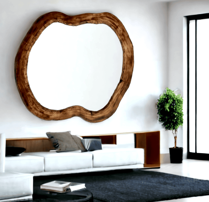 Lustro do salonu nowoczesne, asymetryczne, drewniane 110cm.

