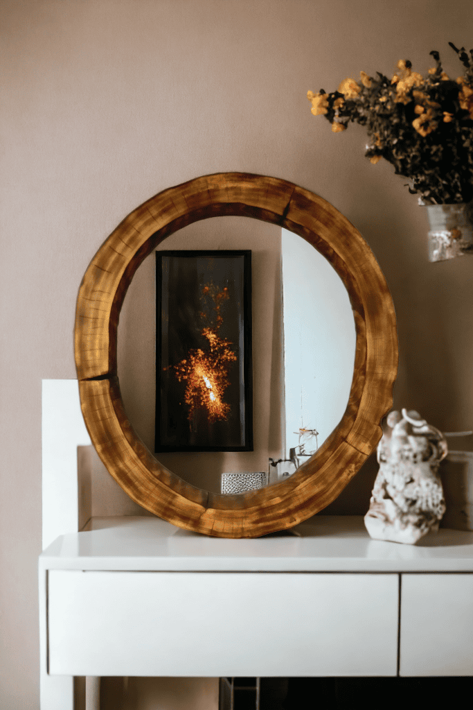 Designerskie lustra nad komodę, okrągłe drewniane 70cm.
