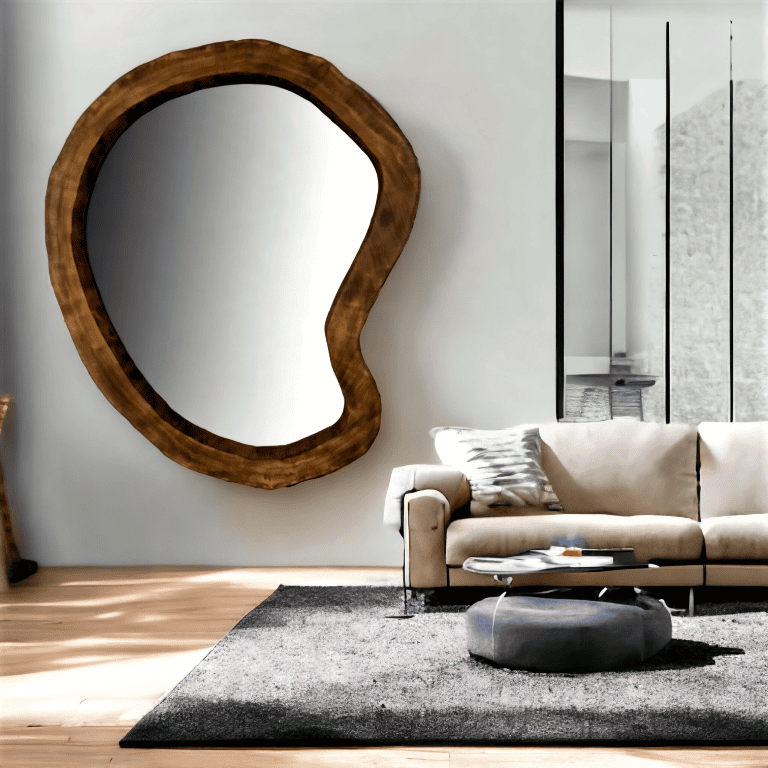 Designerskie lustro do salonu, przedpokoju w nowoczesnym asymetrycznym kształcie 110cm.