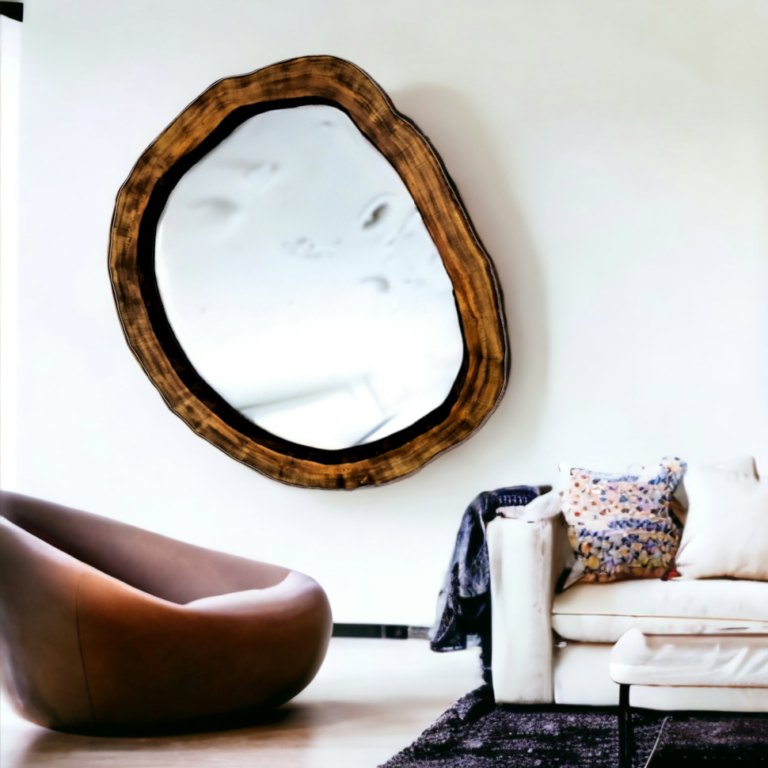 Nowoczesne lustro do salonu w drewnianej oprawie