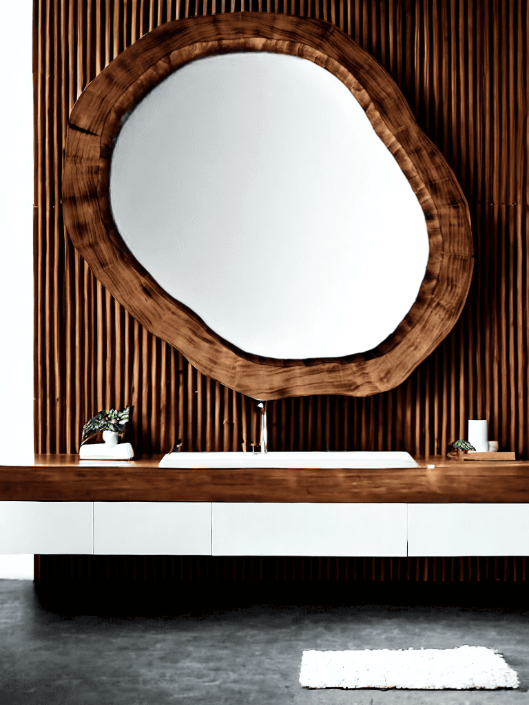 Nowoczesne drewniane lustro do łazienki w asymetrycznym kształcie 110cm