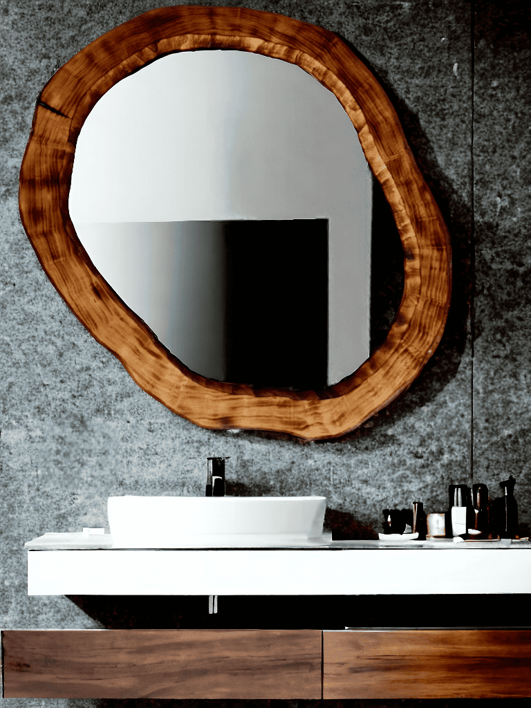Nowoczesne drewniane lustro do łazienki w asymetrycznym kształcie 110cm
