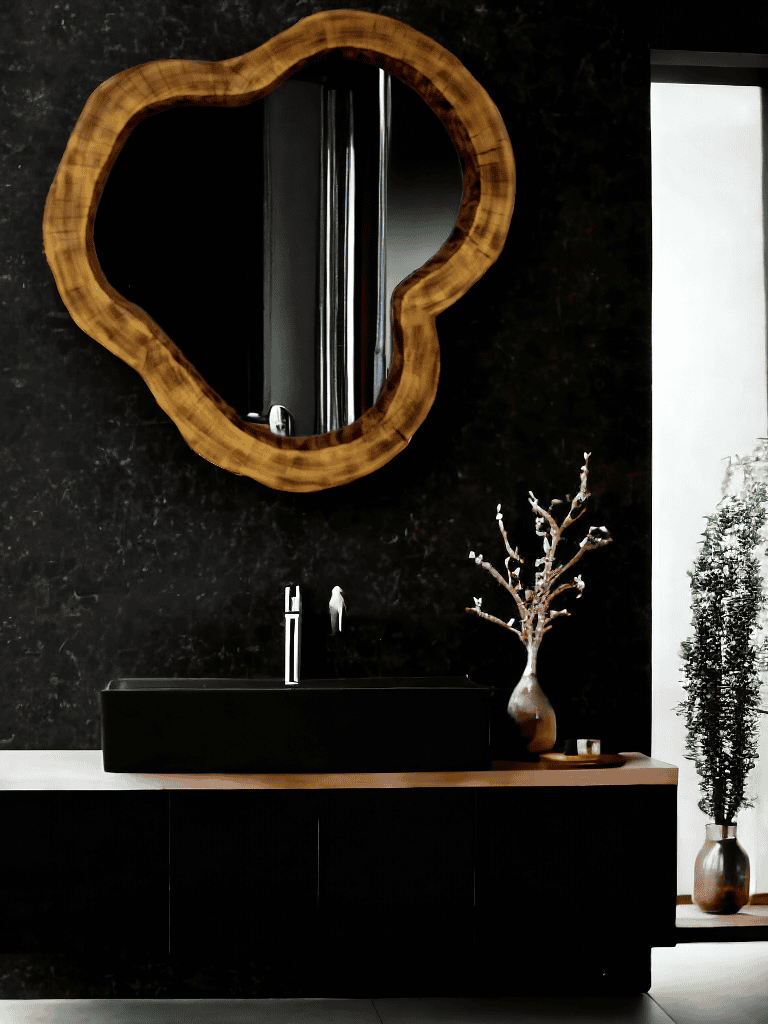 Drewniane lustro do łazienki w nowoczesnym kształcie.