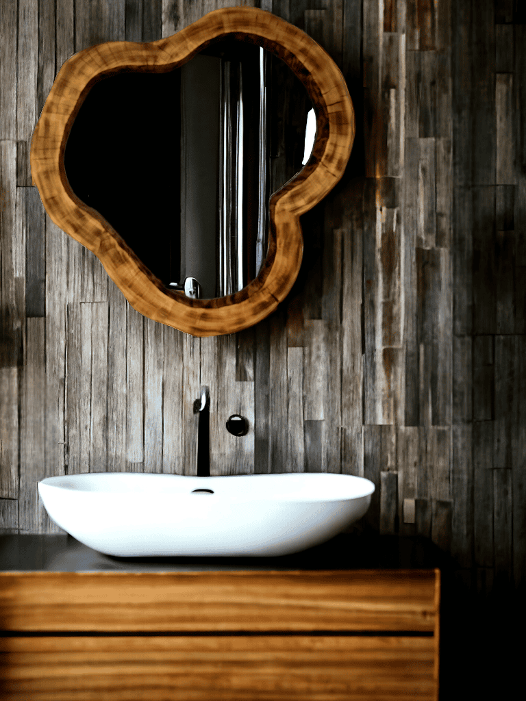 Drewniane lustro do łazienki w nowoczesnym kształcie.
